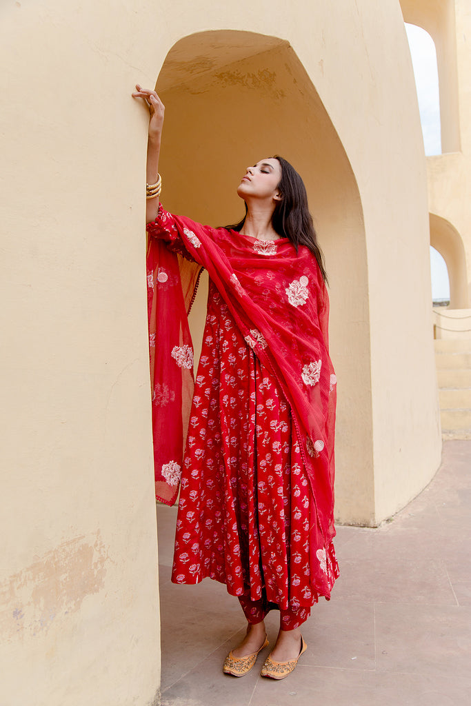 Red Georgette Anarkali Pant Suit with Dupatta - Gulabo Jaipur